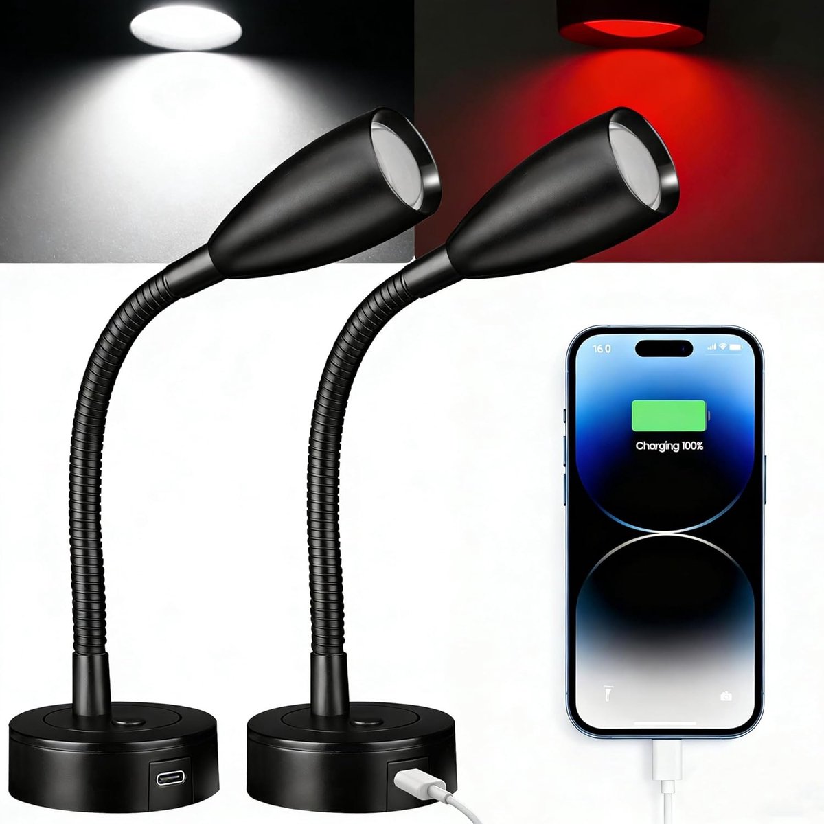 SnelShoppen - 2 x Dimbare LED Leeslamp 12V DC met Flexibele Gooseneck en USB-C Oplaadpoort - Hoogwaardige Verlichting voor Camper, Caravan, Boot en Tr