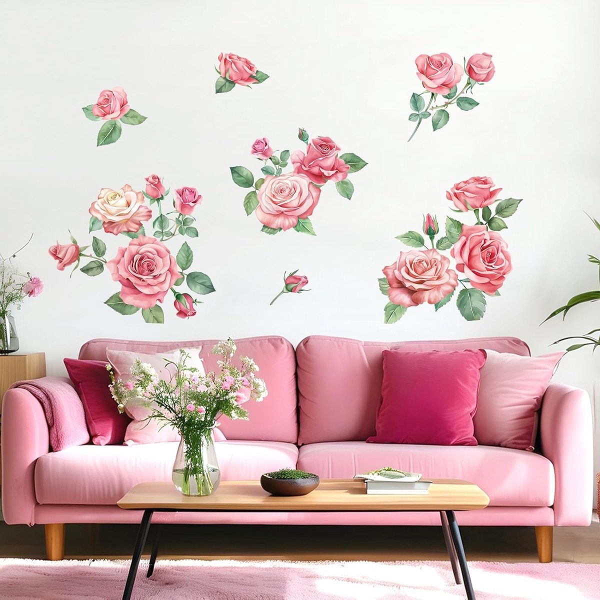 Mooie Waterverf Roze Bloemen Muurstickers voor Slaapkamer, Woonkamer en Kinderkamer - Eenvoudig aan te brengen en te verwijderen