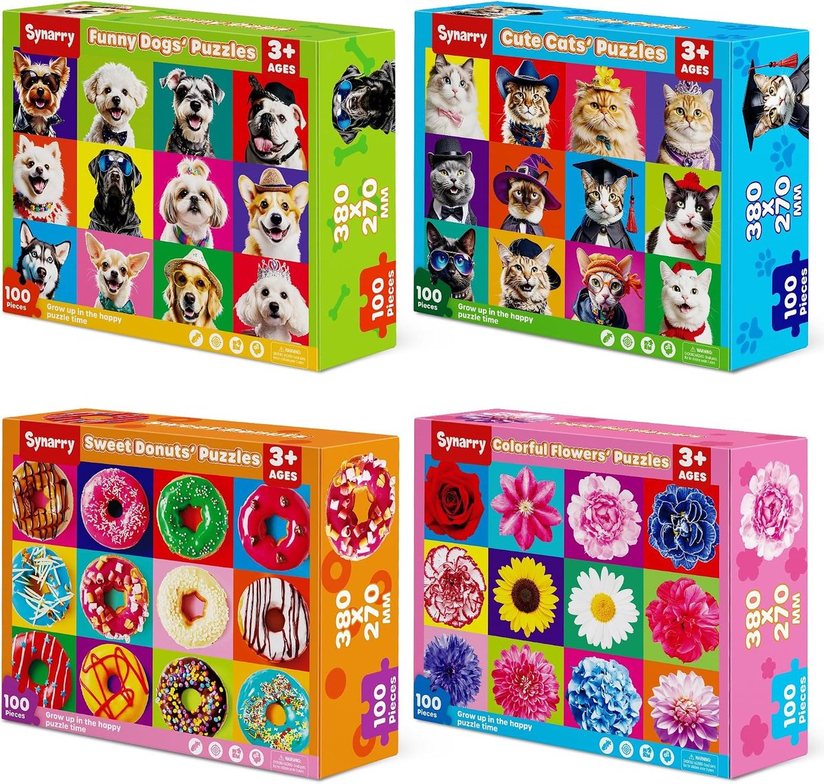 Thijox - SYNARRY Puzzel 100 stukjes voor kinderen, educatieve puzzel voor jongens en meisjes van 3 tot 8 jaar, schattige katten, honden, bloemen en do