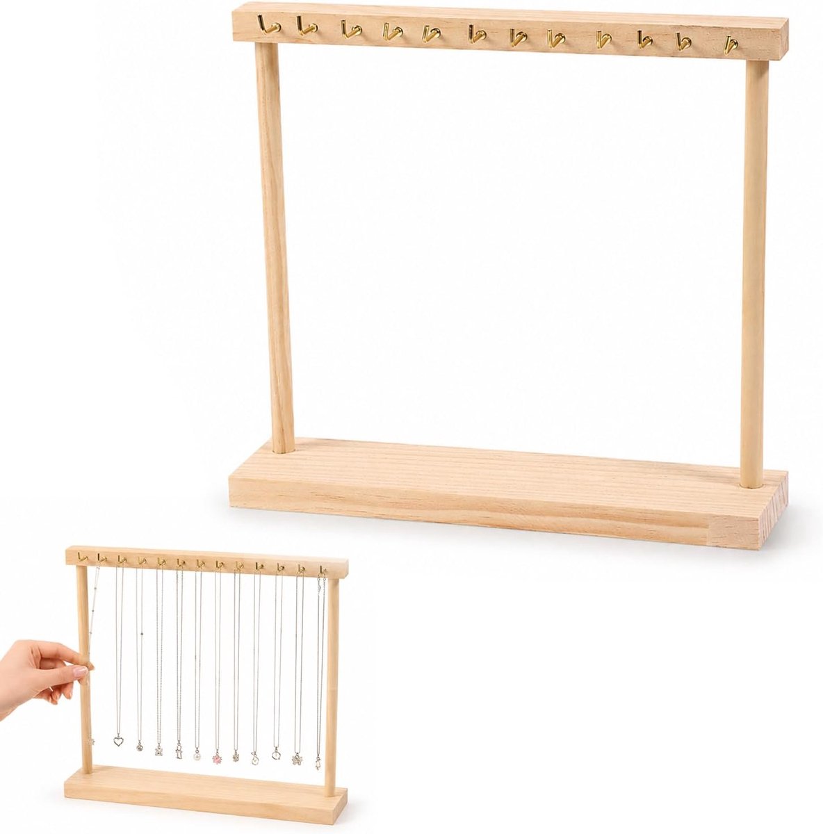 SnelShoppen - Houten Kettinghouder Sieradenstandaard met 12 Haakjes - Sieraden Organizer voor Halskettingen, Armbanden en Oorbellen - Natuurlijke Hout