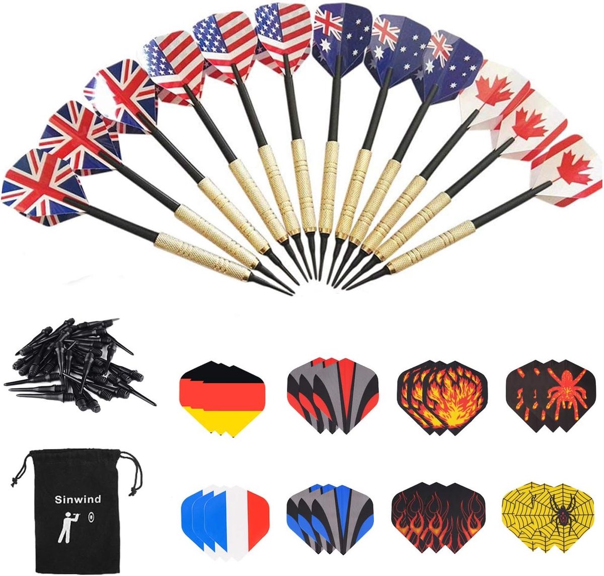 SnelShoppen - Dartset Soft Darts 12 Stuks met Plastic Tips, 36 Vliegvelden in 12 Motieven (6 Vlagstijlen) en 36 Plastic Darttips voor Elektronische Da