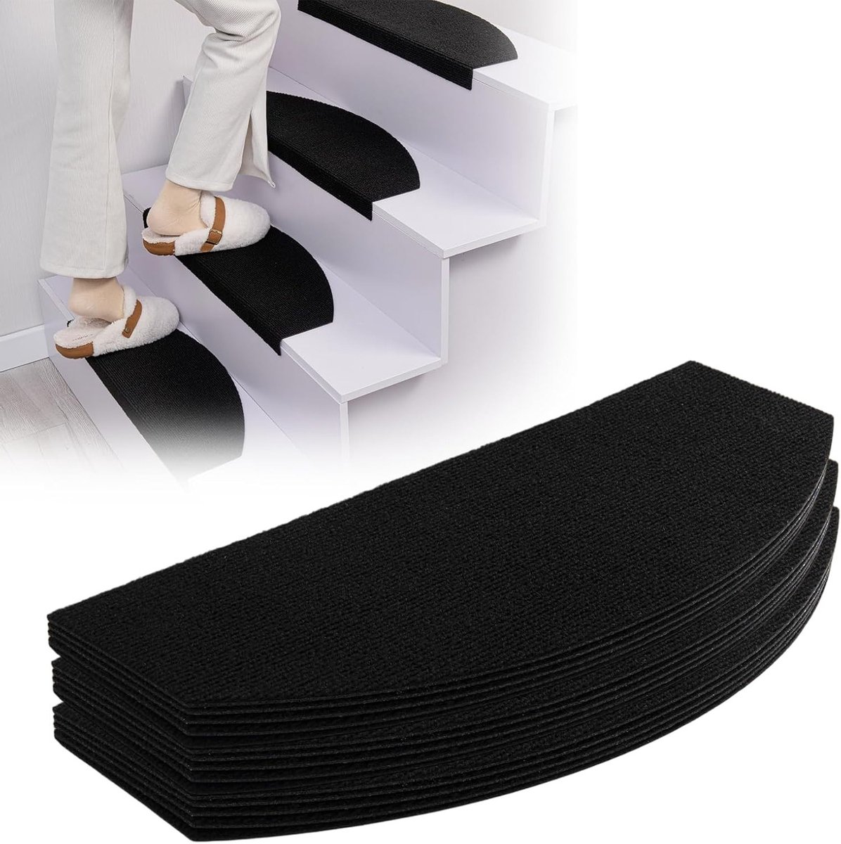 Semi-Circulaire Antislip Trapmatten voor Houten Treden - Zelfklevende Bescherming voor Schone en Veilige Trappen - 24 x 60 cm, Verpakking van 15 Stuks (Zwart)