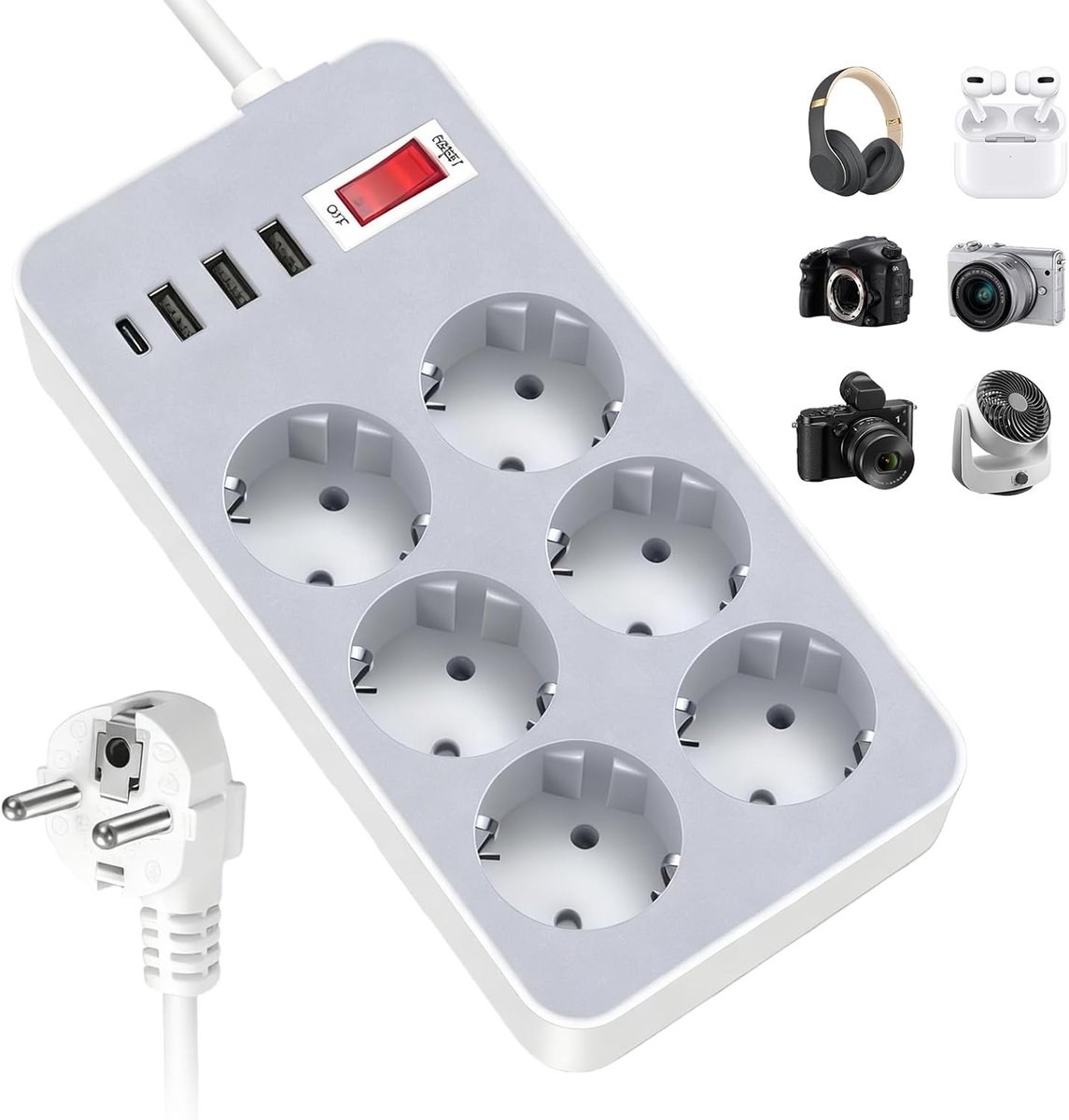 SnelShoppen - Powerstrip met USB poorten, 3x USB-A, 1x USB-C, 6-stopcontacten, 1.8m verlengkabel, overspanningsbeveiliging, ideaal voor kantoor en thu