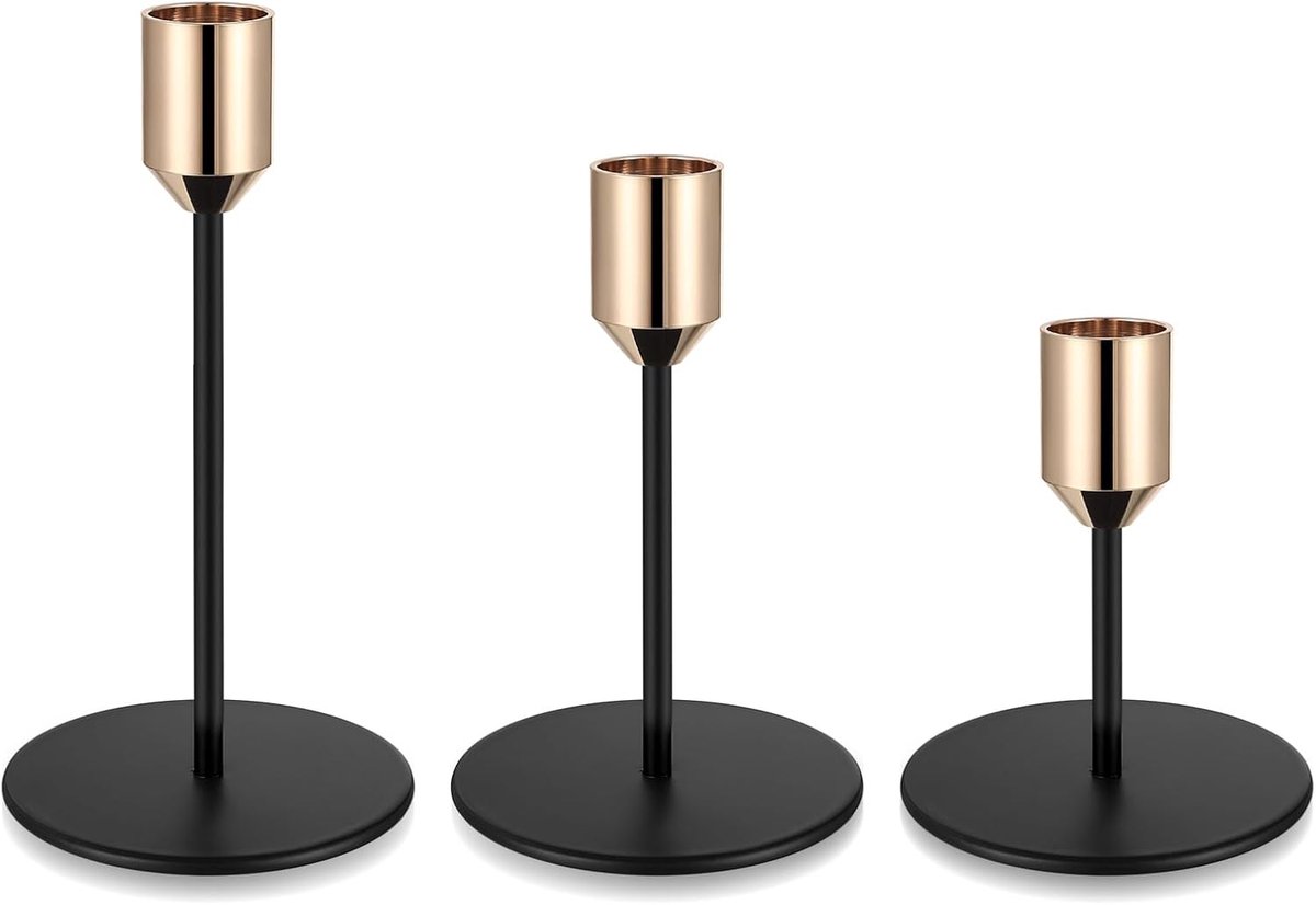 SnelShoppen - Set van 3 Gouden Kaarsenhouders voor Tapered Kaarsen - Zwart Gouden Metaal - Hoge Tapered Kaarsenhouders voor Huishouddecoratie, Bruilof