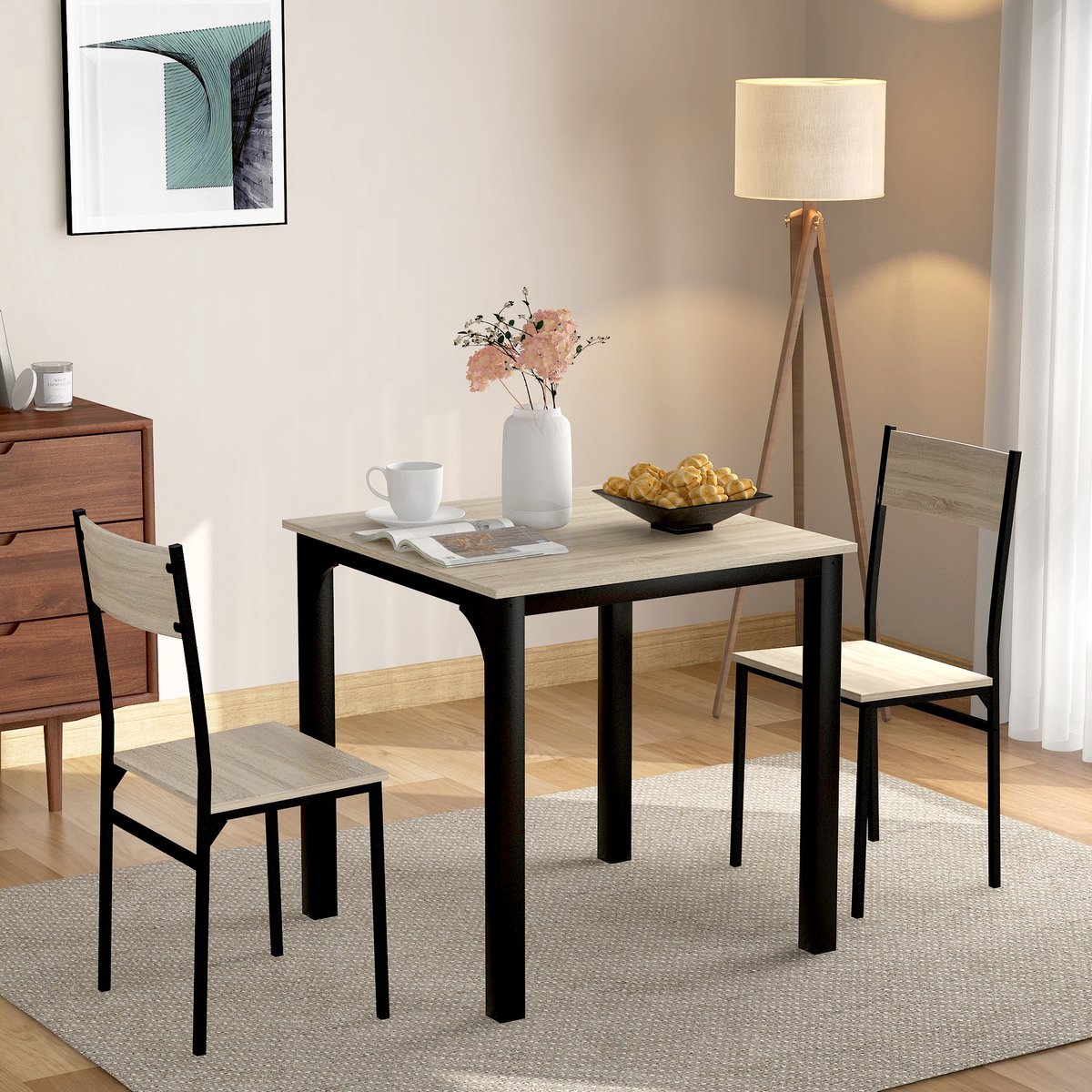 COVREO Tafel en stoelen set 70x70x75 cm - naturel en zwart, met 2 stoelen voor kleine ruimtes