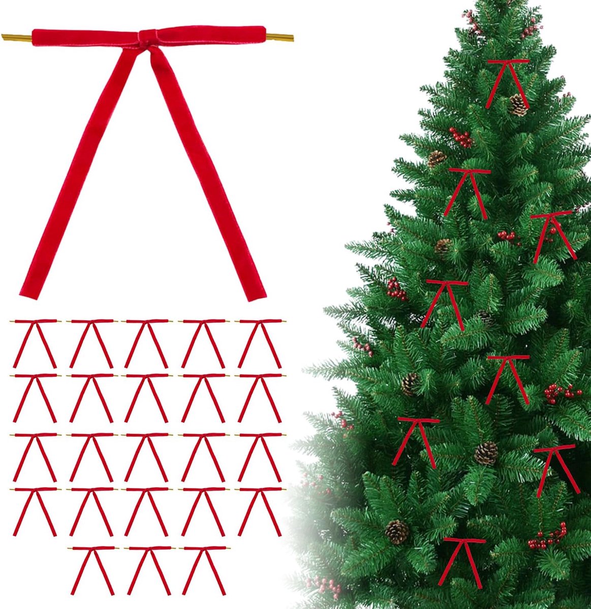 SnelShoppen - 24 Rode Velvet Strikken voor Kerstdecoraties, 1cm Brede Ribbons, Decoratieve Strikken voor Kerstboom, Cadeauverpakking en Feestdecoratie