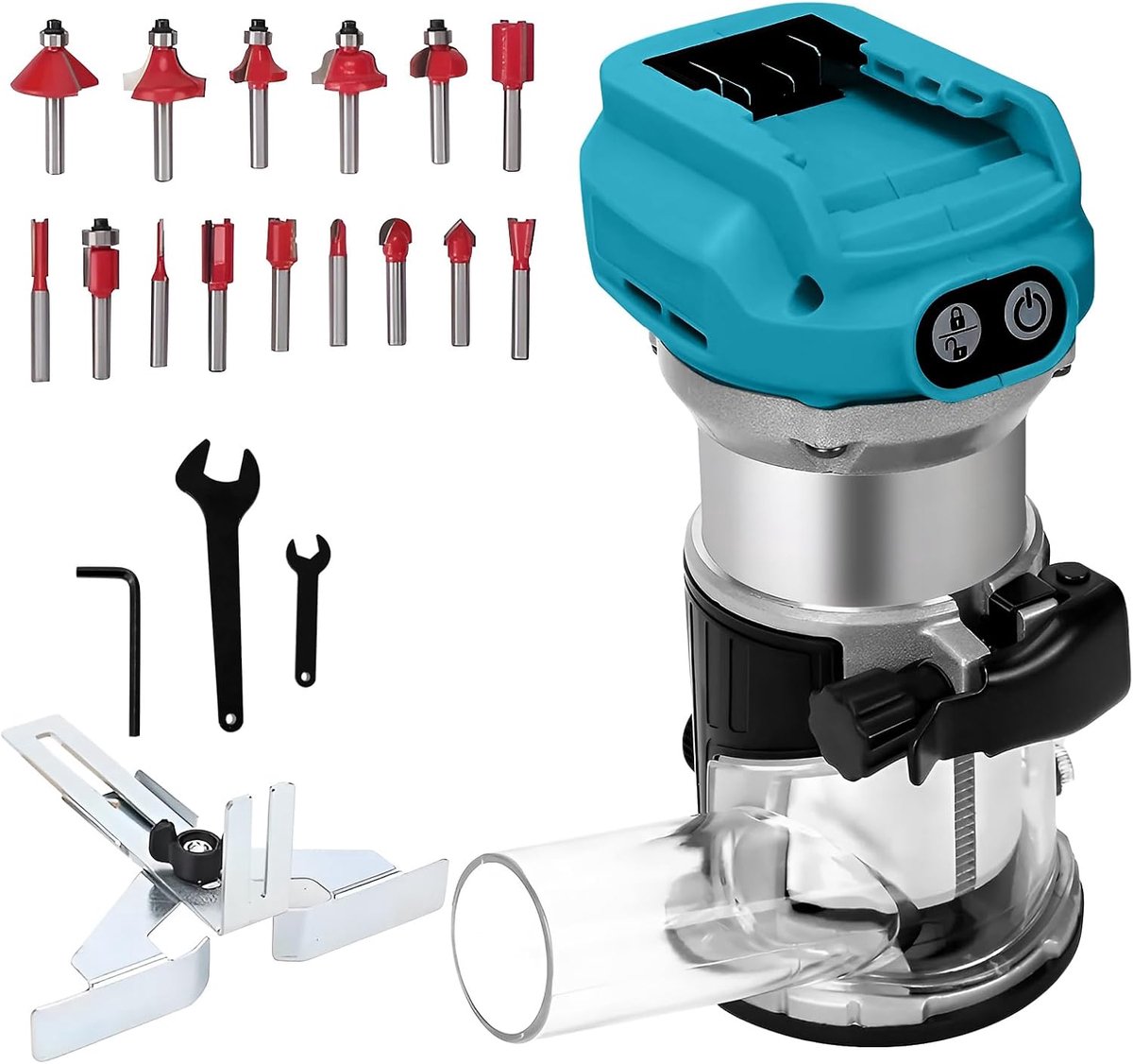 SnelShoppen - Draadloze Power Router voor Makita 18V/20V Accu, 800W 30000RPM, 6 Snelheden, Borstelvrije Houtfrezer met Trimbits, Randen- en Rollergids