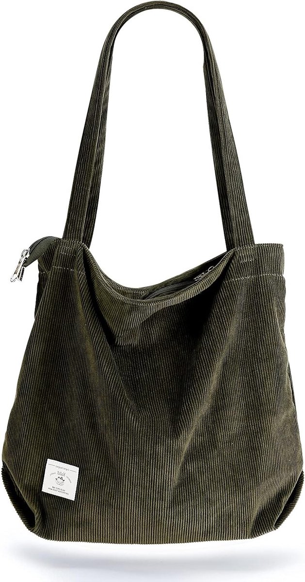 Dikke Corduroy Tote Bag voor Vrouwen en Meisjes, Grote Capaciteit, Ideaal voor Winkelen, School en Dagelijks Gebruik, Groene Handtas met Rits