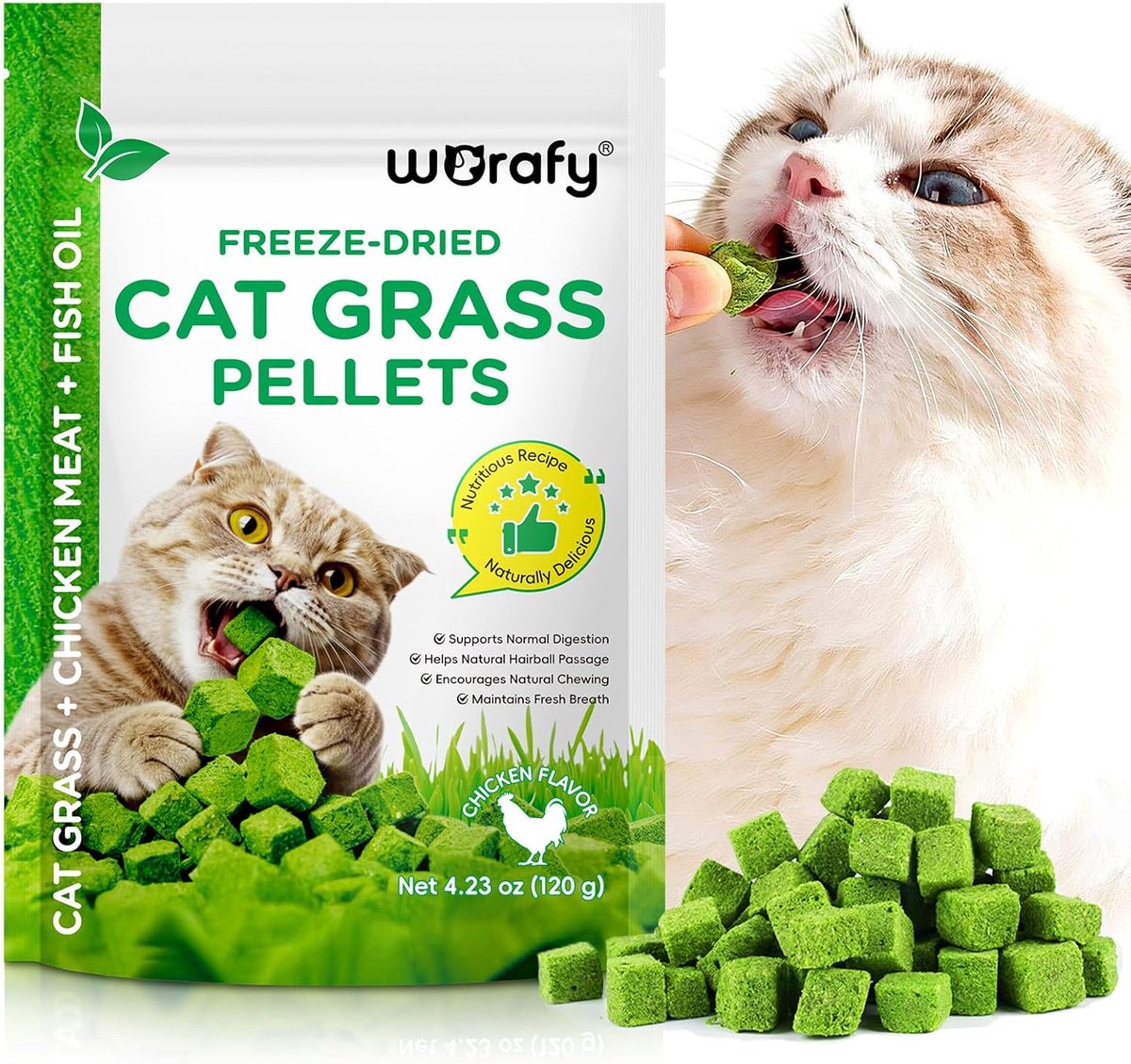 SnelShoppen - Freeze Dried Kattengras Pellets - Ondersteunt Spijsvertering - Natuurlijke Haarbaluitdrijving - Verse Adem - Kip Smaak - 120 g