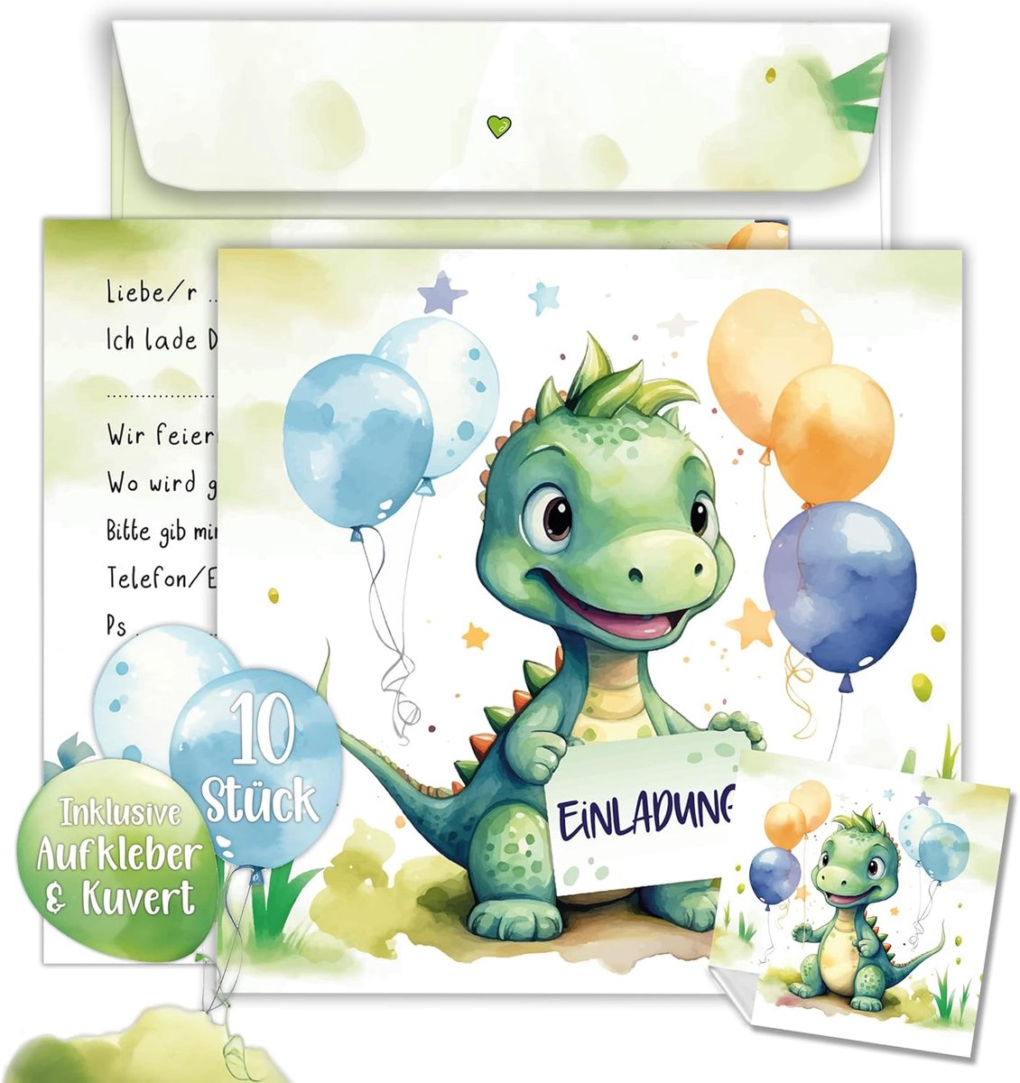 SnelShoppen - Dino Verjaardagsuitnodigingen voor Kinderen - XXL 15x15 cm Set van 10 met Enveloppen en Stickers - Perfect voor Dino Feestjes