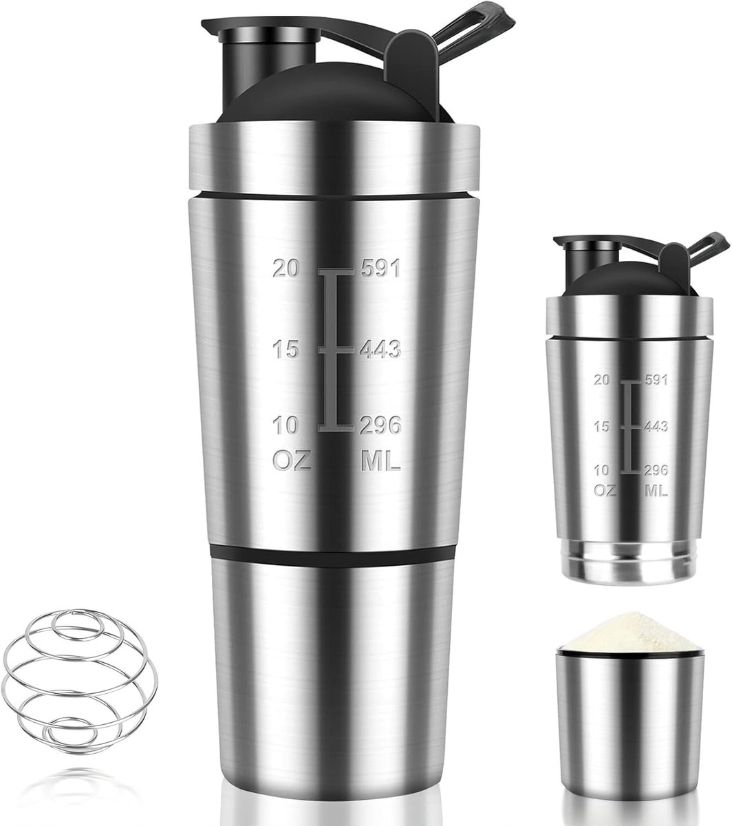 SnelShoppen - Stainless Steel Protein Shaker 600 ml met 200 ml Cup en Bowl - Dubbelwandige Fitness Shaker voor Eiwitshakes - BPA-vrij - Zilver