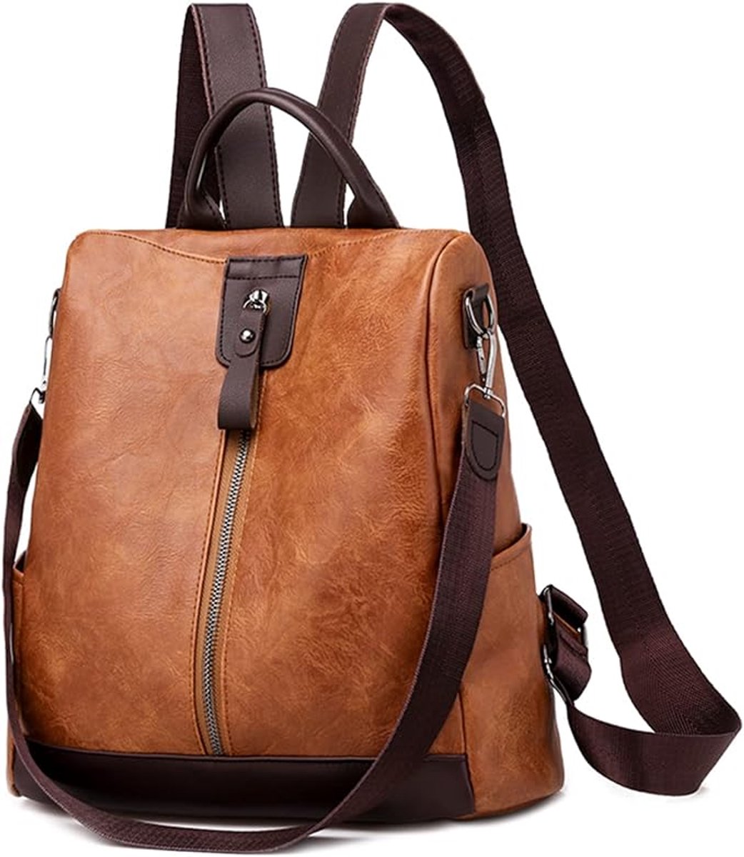 Anti-diefstalrugzak voor dames - rugzak dames - rugzak dames leer Reisrugzak - rugzak dames reizen - Ritsopening aan de achterkant - Afneembare riem - Geschikt voor reizen, woon-werkverkeer en campus - 29 x 12 x 30 cm - Bruin