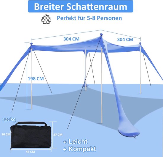 Ruime strandtent met zonbescherming, 3 bij 3 meter, inclusief grondankers en stabilisatiestangen voor strand en camping — afbeelding 5