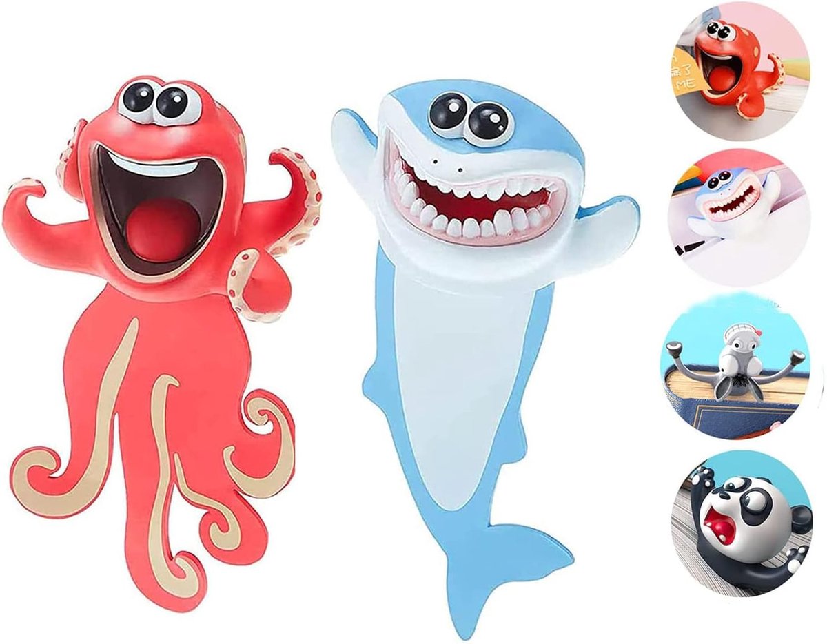 Thijox - 3D Dieren Bladwijzers Set - Ezel, Panda, Haai & Octopus - Schattige Cartoon Marker voor Kinderen, Studenten & Boekliefhebbers - Ideaal Cadeau