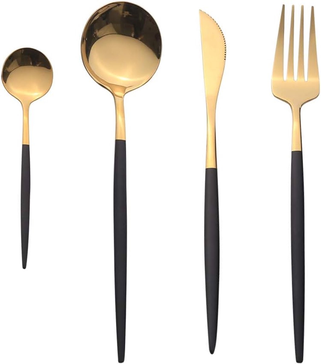 SnelShoppen - Bestekset voor 2 Personen - 8-delige RVS Bestekset - Zwart en Goud - Mes, Vork, Lepel, Theelepel - Elegant en Ergonomisch voor Feesten e