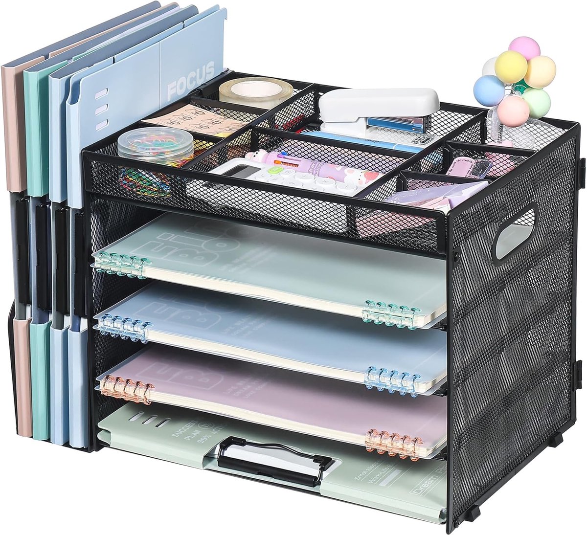 SnelShoppen - Mesh Bureau Organizer met Bestandshouder, 5-Lagen Papier Organizer en Desk Organizer met Verticale Secties voor Kantoor Benodigdheden (Z