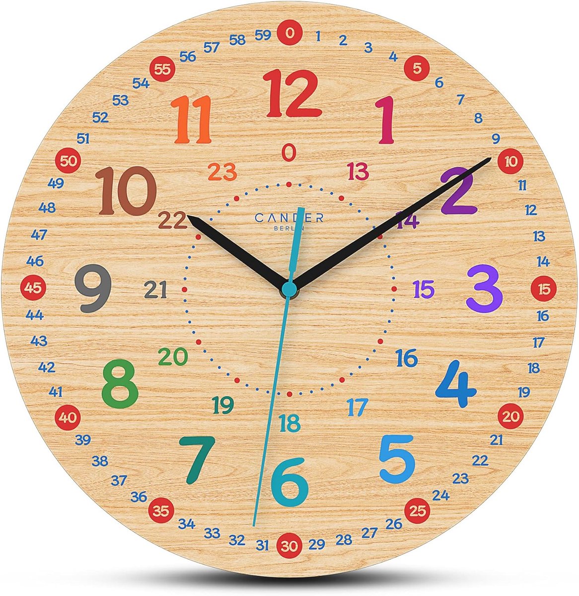 SnelShoppen - Kinderen Wandklok 30.5 cm, Hout, Noiseless, MDF, Leerklok, Voor Jongens en Meisjes, Decoratie Kinderkamer, Stil, Geen Tikkende Geluiden