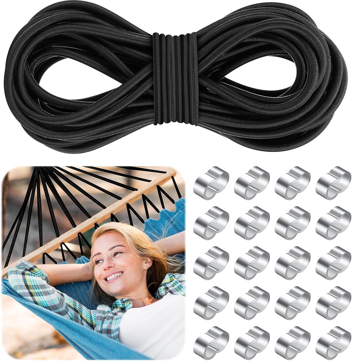 SnelShoppen - Rubber Rope 10 Meter, 8 mm Elastische Expander Touw met 20 Strangle Clamps, Duurzaam Rubber Koord voor Trailerzeil, Camping, Zeilen, Out