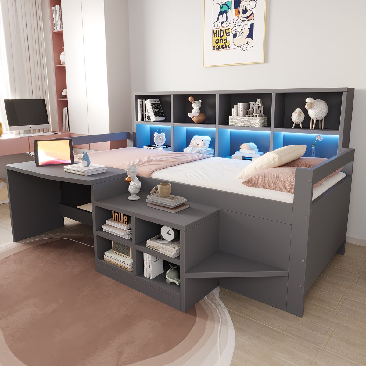 Halfhoogslaper 90x200 cm - Kinderbed Met Bureau, Opbergruimte, USB En Ledverlichting - Zonder Matras - Hout En MDF - Grijs