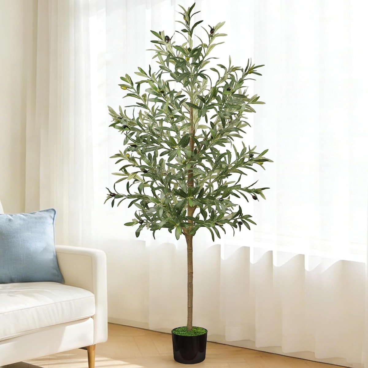 SnelShoppen - Kunststof Olijfboom 180cm - Realistische Kunstplant met Bicolor Olijven en Mos - Stabiliteit en Mediterrane Sfeer voor Binnen - Perfect