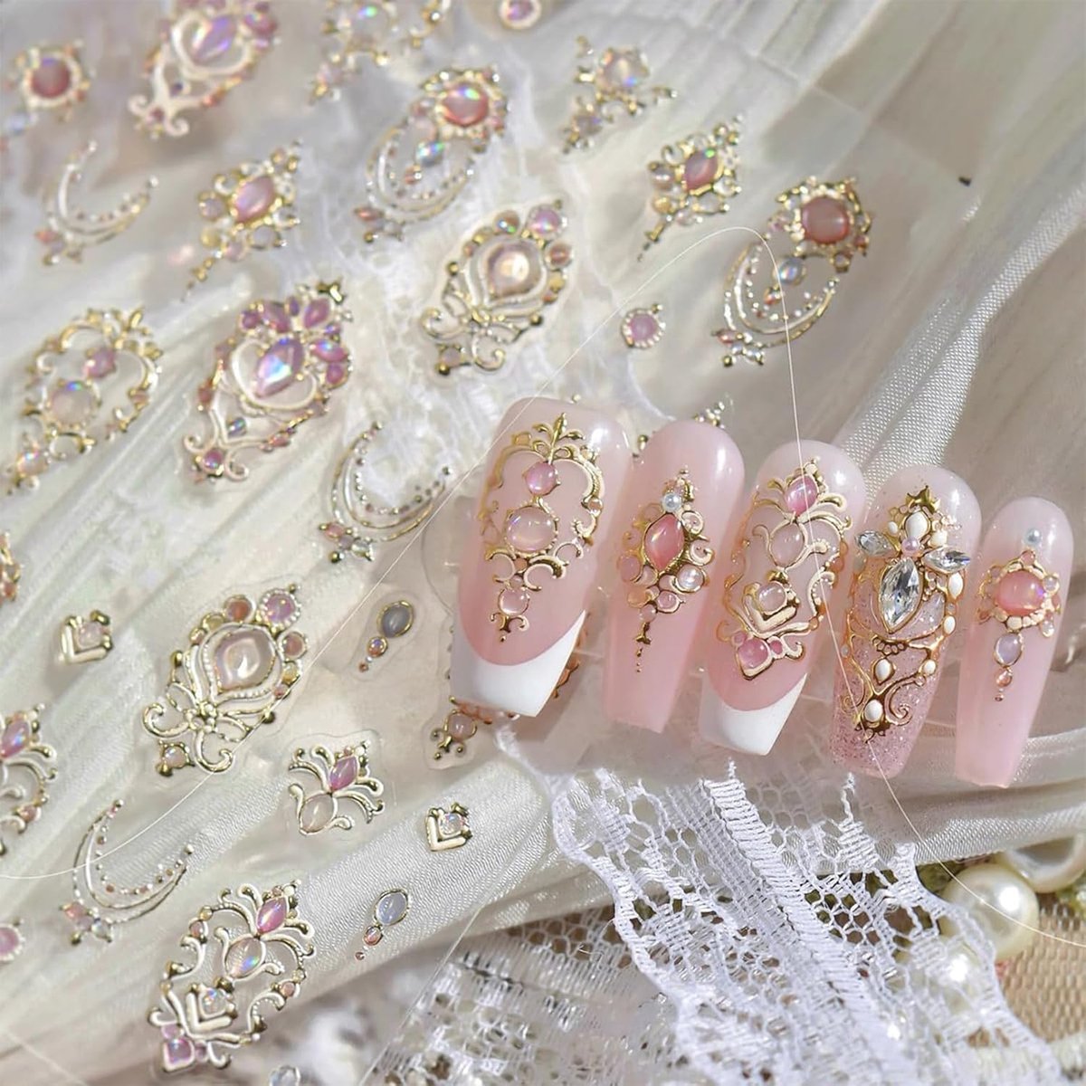 SnelShoppen - 2 Leaf 5D Gegraveerde Nagelstickers Goud, Zelfklevende Nail Art Decals met Kristallen, Elegante Barok Manicure Accessoires voor Feesteli