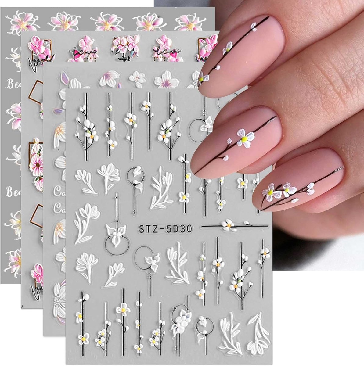 SnelShoppen - 3D Lente Bloem Nail Stickers - 4 Vellen Zelfklevende Nagelstickers - Elegante Nageldecoratie voor Feest, Dagelijks Gebruik