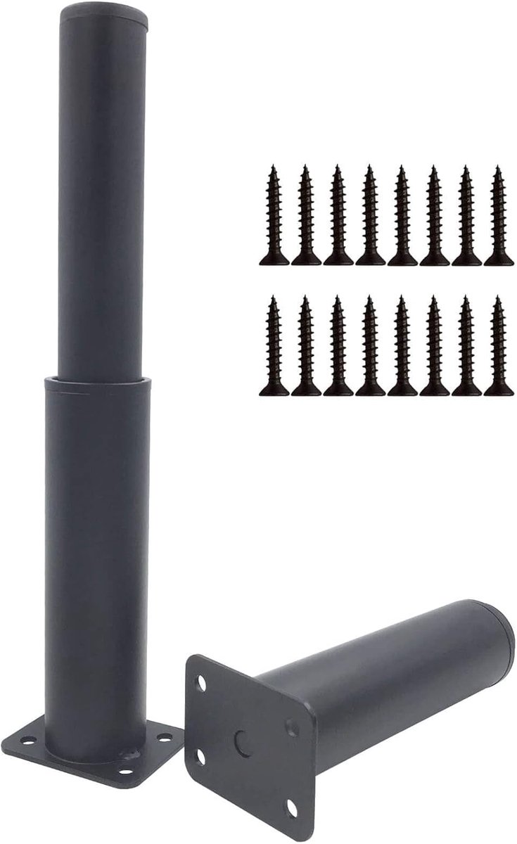 SnelShoppen - Set van 2 Verstelbare Meubelpoten 15-25cm Zwart Ronde Stalen Poten Inclusief Schroeven voor Onregelmatige Vloeren