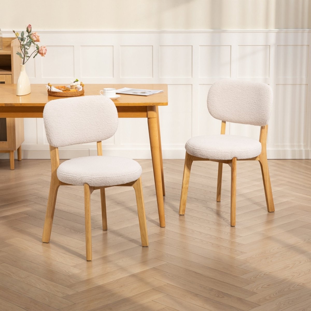 Pugsdrly Set van 2 eetkamerstoelen, keukenstoel met brede zitting, gebogen rugleuning, voor woonkamer, eetkamer, crème