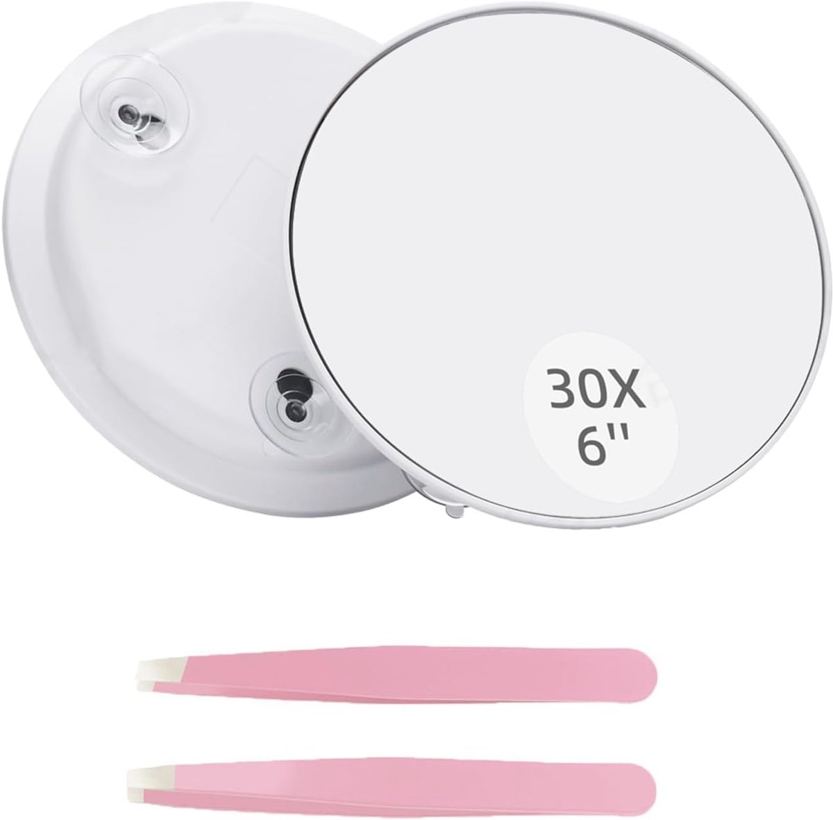 SnelShoppen - 30x Vergrotende Spiegel met Zuignappen, 15 cm, Inclusief 2 Roze Rvs Wenkbrauwclips, Ideaal voor Make-up en Reizen, Perfect voor Slaapkam