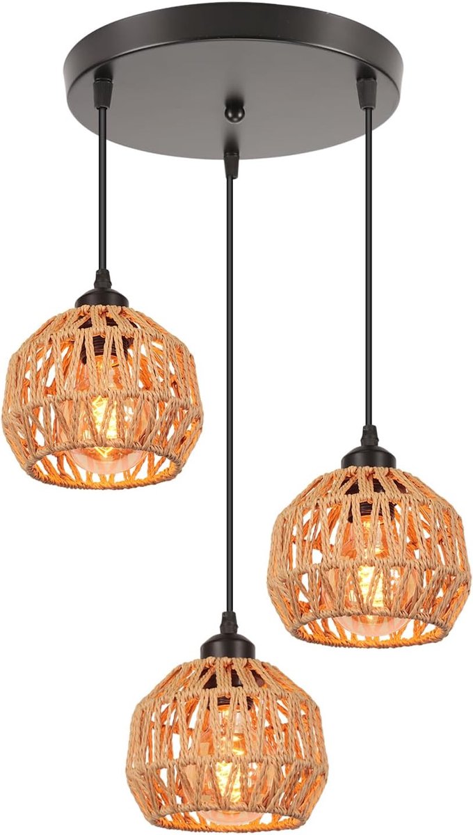 SnelShoppen - 3 Lichts Industrieel Vintage Kroonluchter Pendellicht Met Metaal Kap en Touw, E27 Retro Plafondlamp Voor Restaurant, Woonkamer, Slaapkam