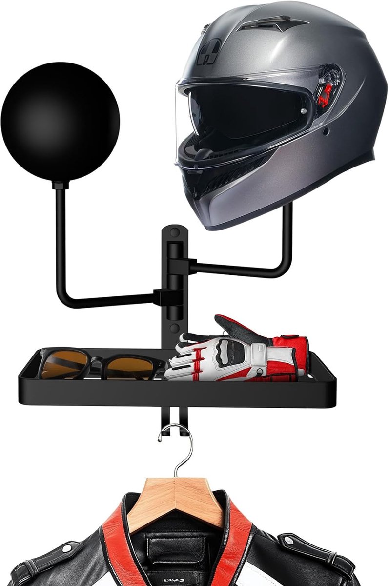 SnelShoppen - Motorcycle Helmet Holder Wandbeugel 180 Graden Rotatable, 2 Motorfiets Haken met Opbergrek voor Baseball Jassen, Caps en Rugby Helmen