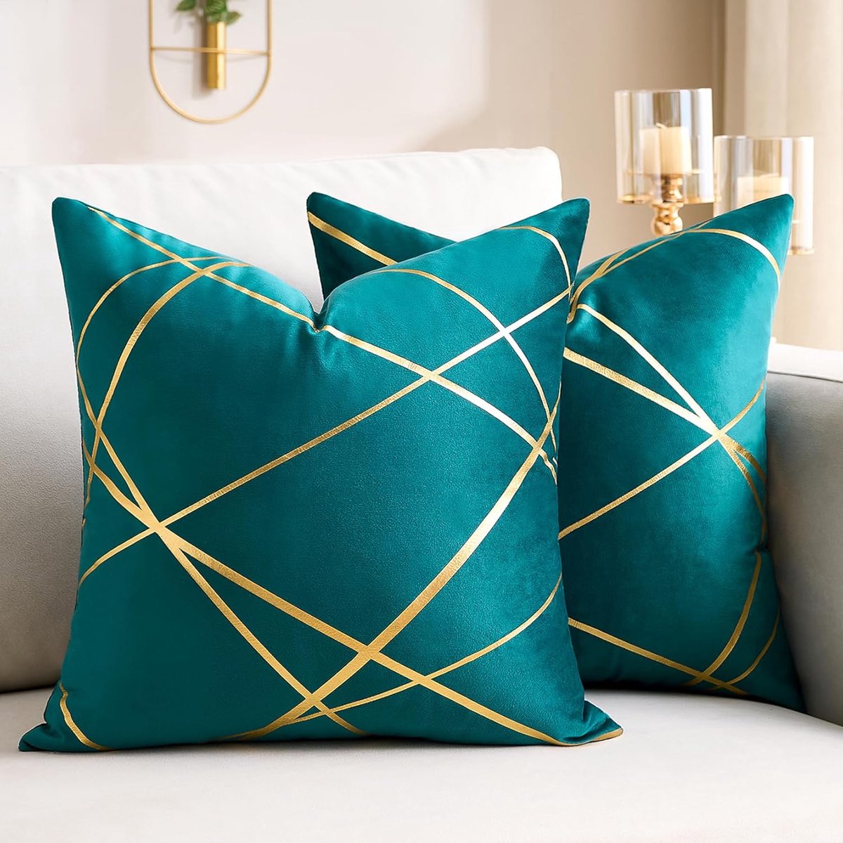 SnelShoppen - Set van 2 Velvet Kussenhoezen 45x45 cm, Blauw/Groen met Bronzen Geometrisch Patroon, Decoratieve Kussens voor Bank en Slaapkamer