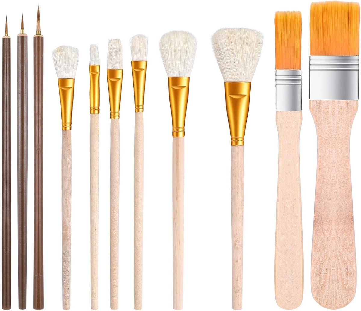 SnelShoppen - 11-delige Rond Acryl Kwasten Set voor Keramiek en Schilderen - Fan Kwast, Lamswollen Mop Kwast, Fijne Detail Kwasten - Perfect voor Olie