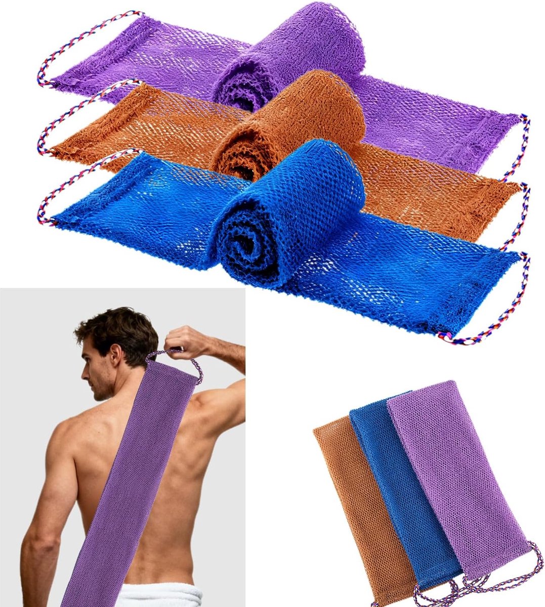 SnelShoppen - Afrikaanse Net Spons met Touwhandvatten, Lange Bad Spons voor Lichaamspeeling en Rugreiniger (Paars, Blauw, Bruin)