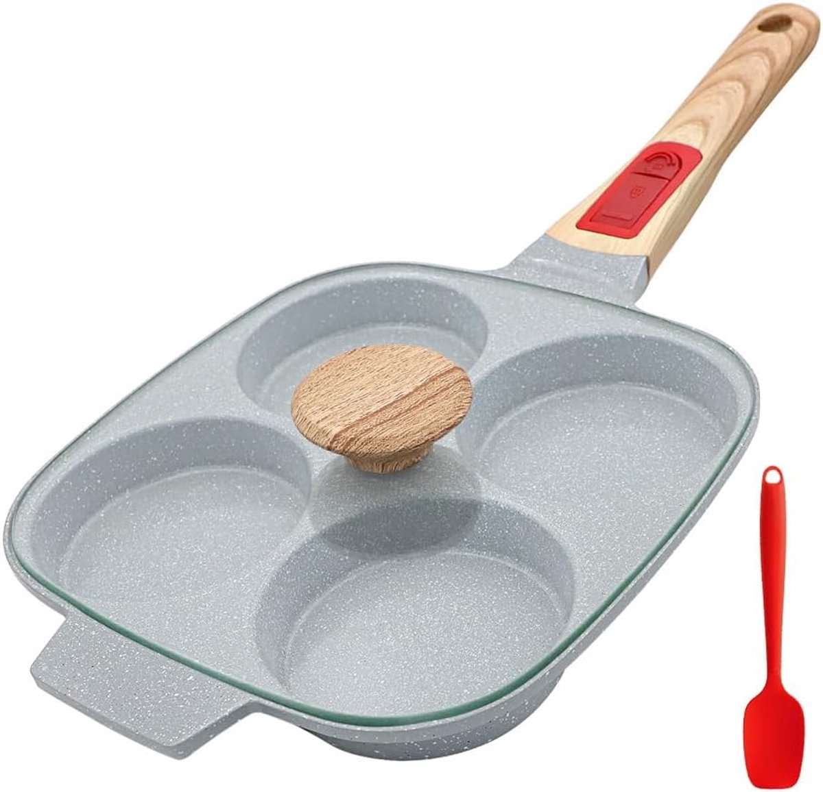 SnelShoppen - Keramische Eipannetje 4-Kops met Deksel, Antiaanbaklaag, Losse Handgreep, Omeletpan Geschikt voor Inductie - Blauw