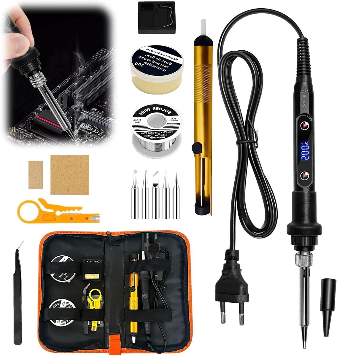 Professionele 80W Soldeerbout Set met LCD Scherm, 13-delige Set met Instelbare Temperatuur 180-500°C, Inclusief Desoldering Pomp en Soldeerpasta voor Elektronica en Reparaties