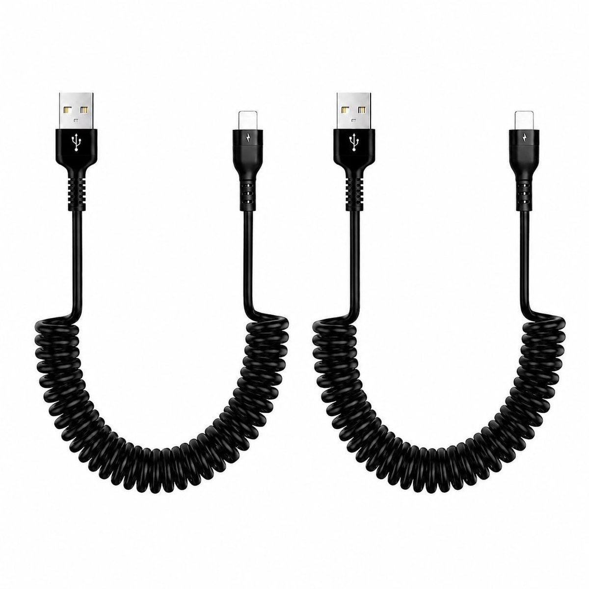 Korte USB-A naar L Kabelset van 1 m, Spiralkabel voor Voertuig Opladen en Gegevensoverdracht, Ideaal voor Mobiele Apparaten en Accessoires
