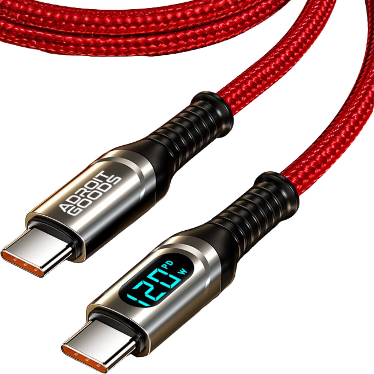 AdroitGoods USB-C naar USB-C Kabel 120W Snellader met Display PD Fast Charge 20Gbps Data Nylon Gevlochten 4K Video Kabel - Rood 2 m