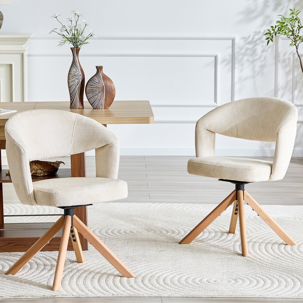 COVREO Eetkamerstoel set van 2 81,5 cm - draaibaar 360°, structuurstof, wit/hout