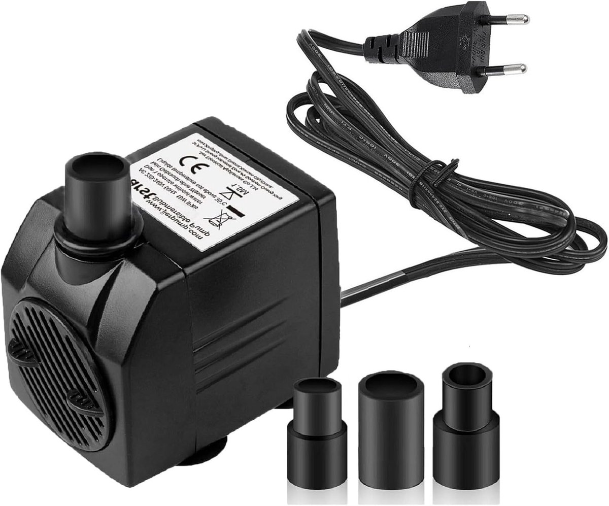SnelShoppen - Waterpomp Dompelpomp Mini 600L/U met 1,8 m Kabel en 3 Spuitmondjes | 12W, Ultra Stille Fonteinpomp voor Waterornamenten, Aquarium, Vijve