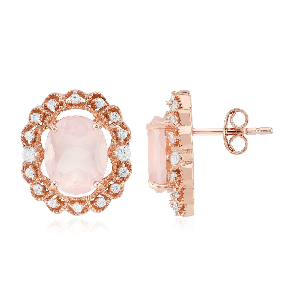 Cavill - Zilveren Oorbellen - 925 Sterling Zilver - 4,635 ct Rozenkwarts & 0,504 ct Tanzaanse Zirkonia - Roségoud Verguld - Romantisch Elegant
