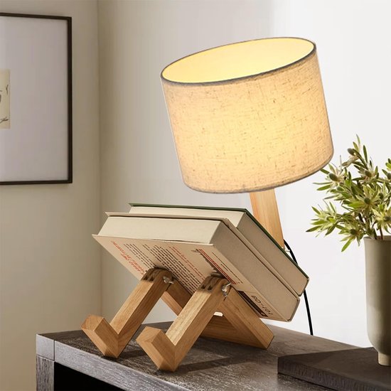 KZQ Schattige bureau- en leeslamp met houten basis - Veranderbare robotvorm - Linnen kap - Perfect voor slaapkamer kinderkamer en woonkamer - Creatief en functioneel ontwerp van KZQ — afbeelding 3