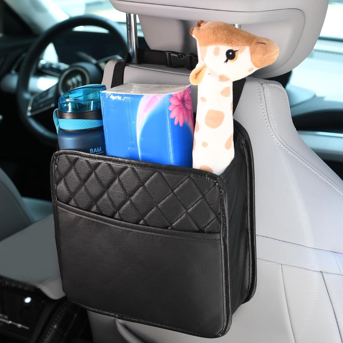 SnelShoppen - Hangende Auto Opbergtas, Waterdichte Leren Achterbank Organizer met Bekerhouder, Multifunctionele Opbergtas, Vouwbaar, Eenvoudig Schoon