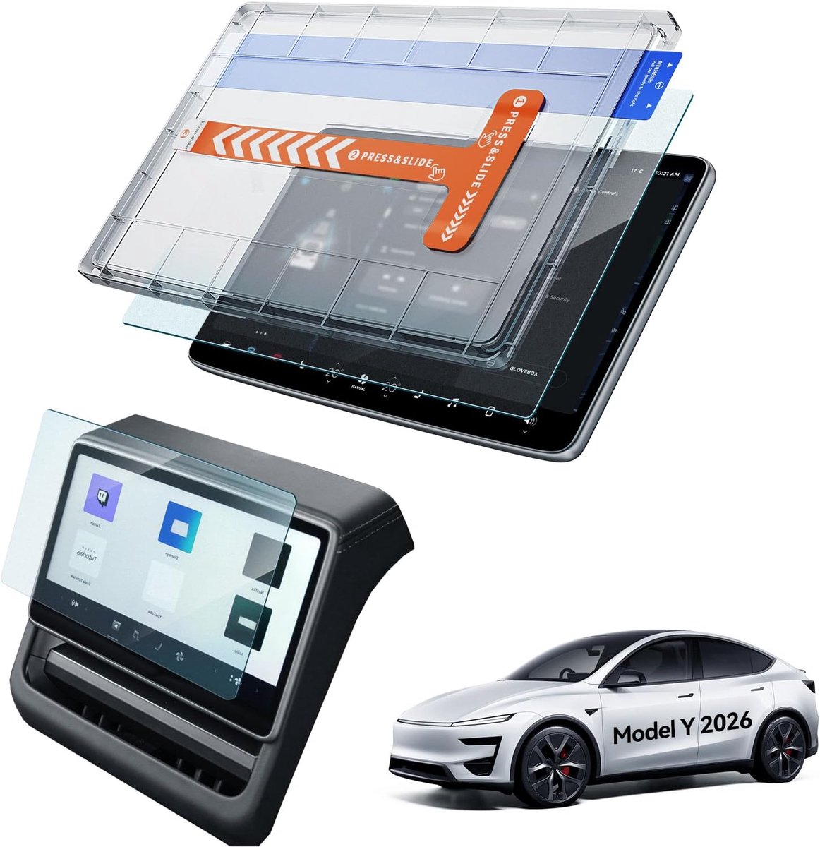 SnelShoppen - 2Pcs 16" + 8" Screen Protector Tesla Model Y 2026, Premium Anti-Glare 9H Tempered Glass, Matte, Inclusief Installatie Kit, Perfect voor