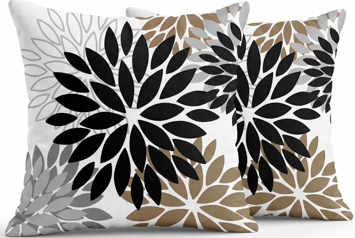 SnelShoppen - Set van 2 Decoratieve Kussenhoezen 40x40cm, Modern Dahlia Patroon, Dubbelzijdig Bruin Zwart Bloemen, Sofa Kussen, Tuin Kussen, Linnen Ku