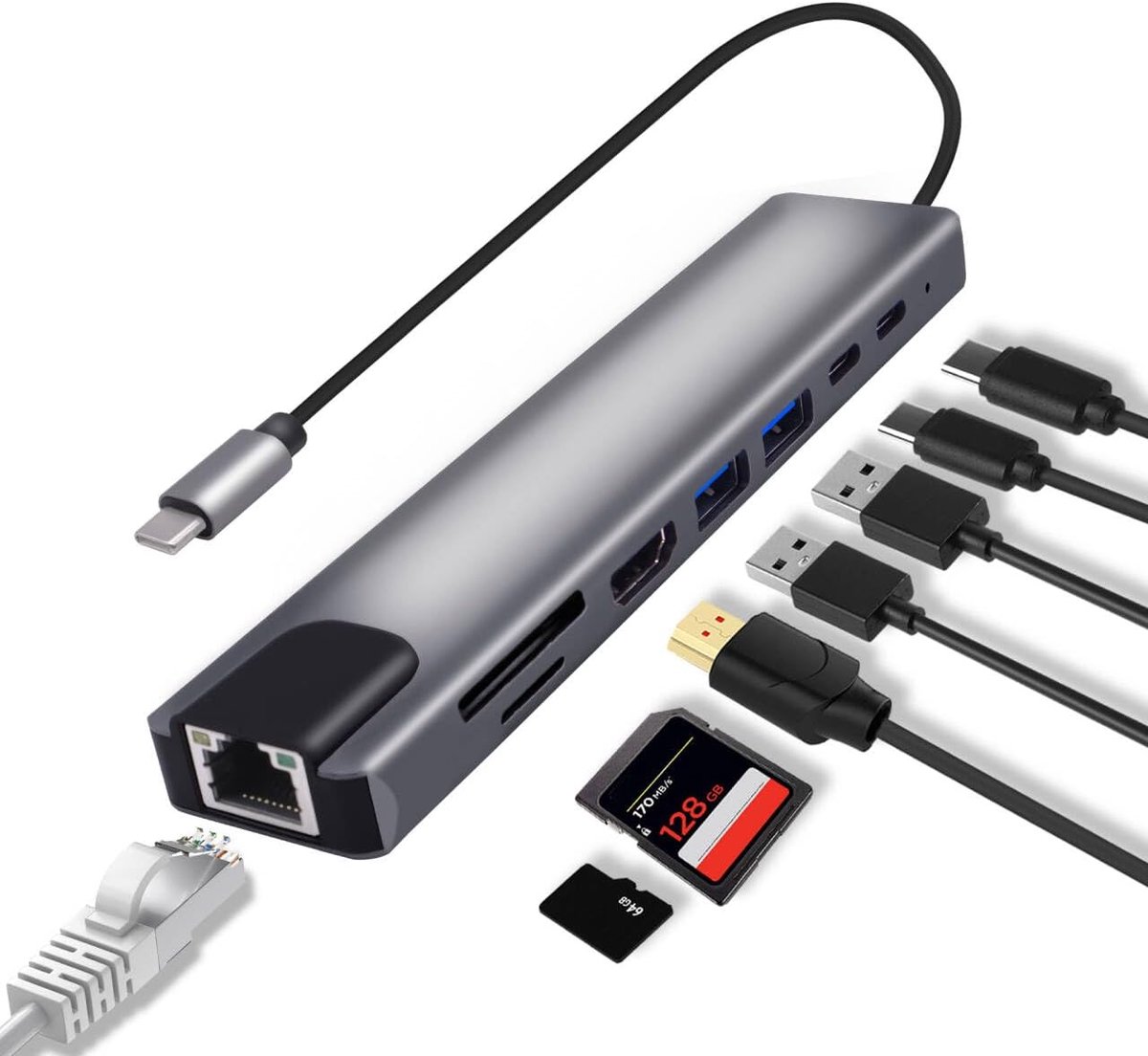 SnelShoppen - USB C Hub Docking Station 8-in-1 Multiport Adapter Type C naar RJ45 Ethernet 87W PD Opladen USB3.0 HDMI SD/TF Kaartlezer voor Laptops