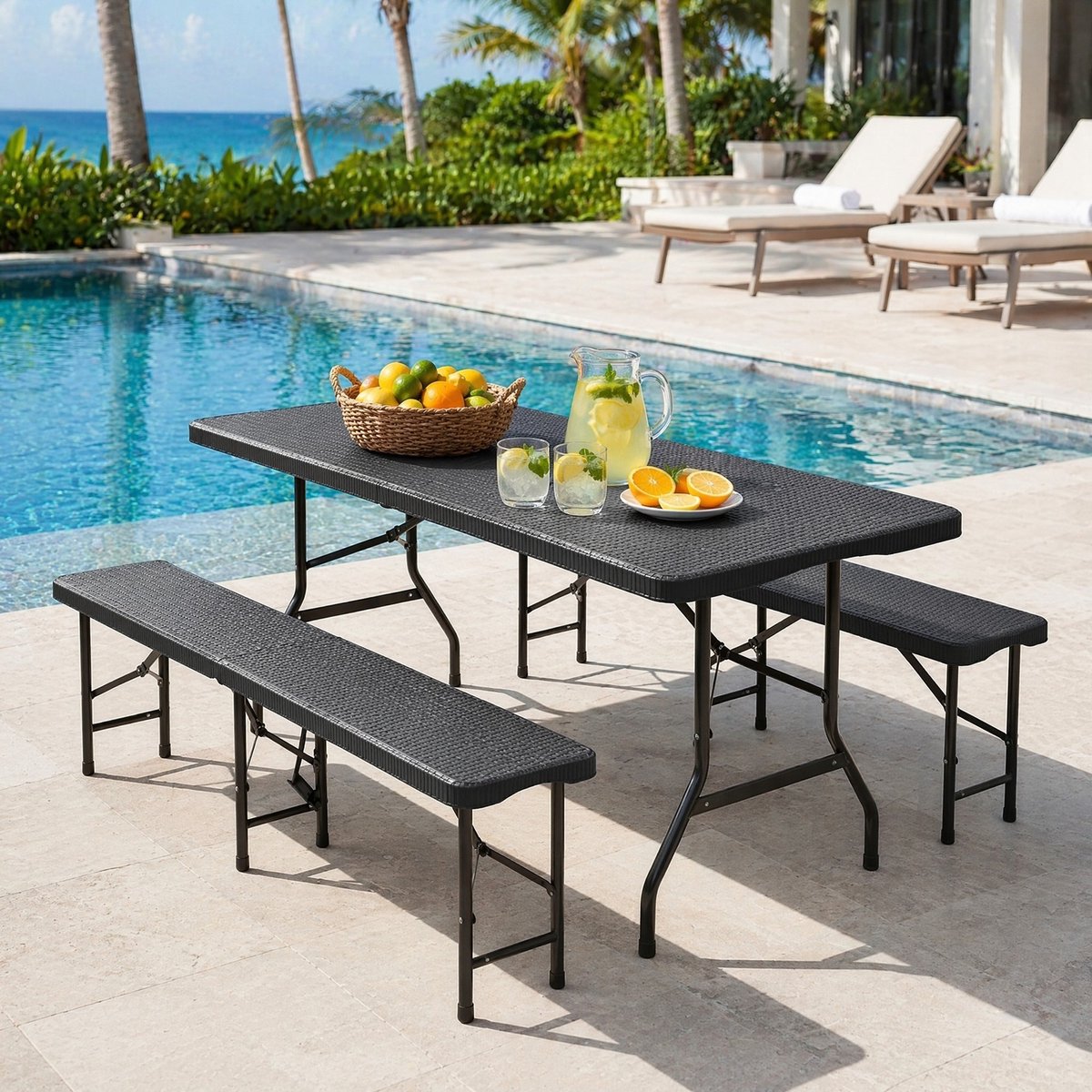 COVREO Klapbare picknicktafel 180 x 74 x 74 cm - zwart, met 2 banken, 3-delige set voor 6 personen