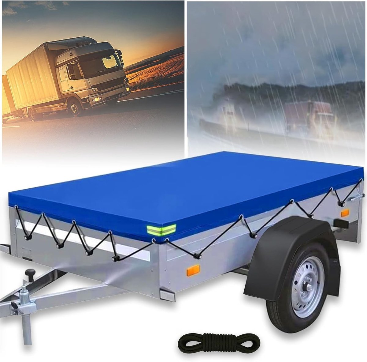 Hoogwaardige Trailerzeil, 214 x 122 x 13 cm, 600D PVC, Waterdicht, Reflecterende Strepen en Oogjes voor 750 kg Aanhangwagen