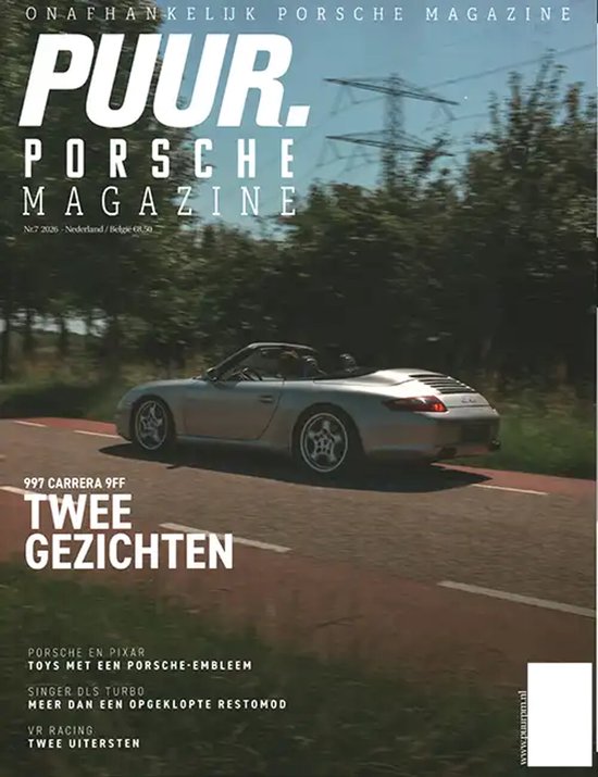 Magazine PUUR. PORSCHE MAGAZINE, editie 7 2026. Met op de cover een zilverkleurige Porsche 997 Carrera 9ff cabriolet.