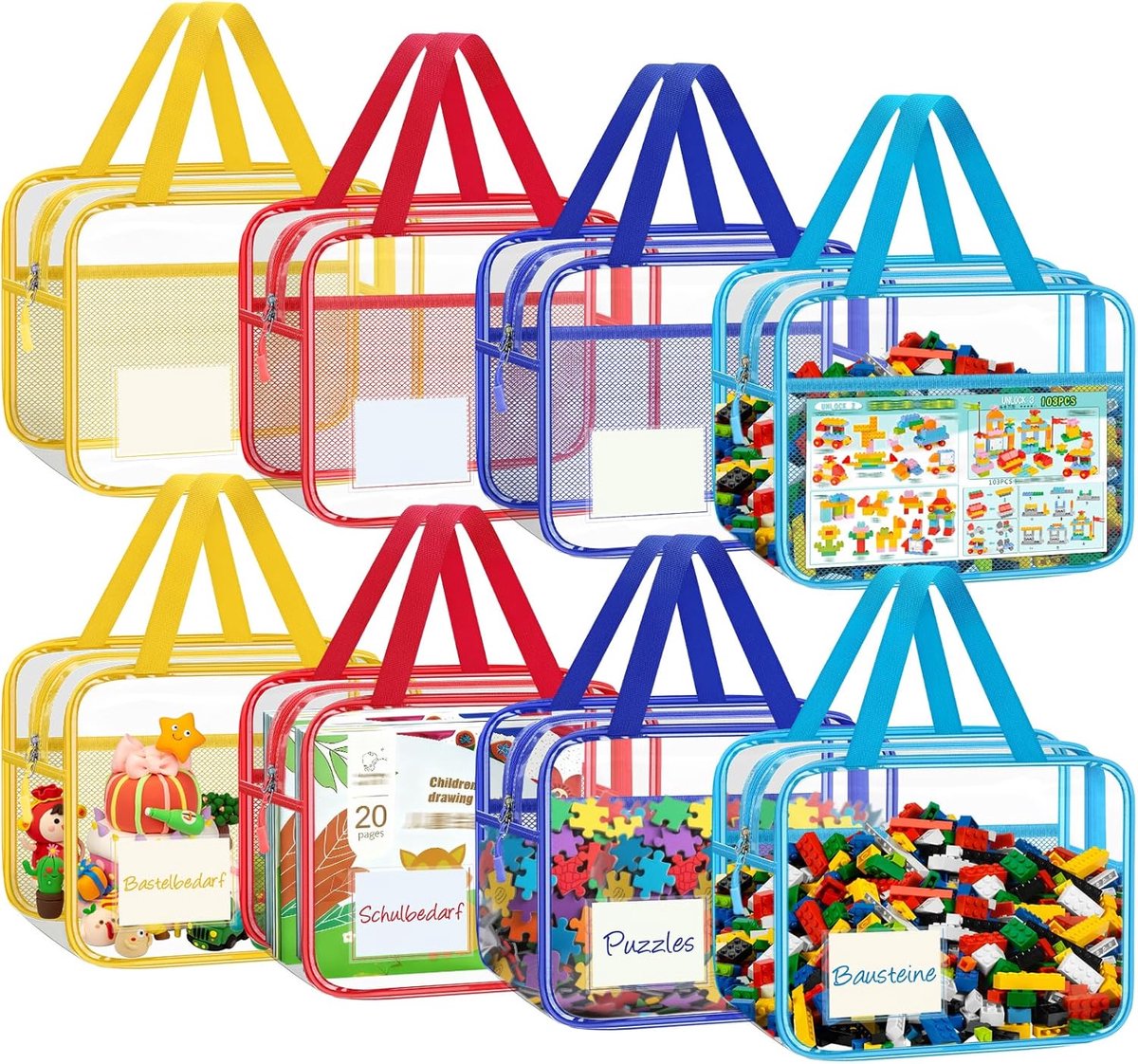SnelShoppen - Pack van 8 Kleurrijke PVC Opbergzakken met Rits en Gaas Zijvakken voor Bad Speelgoed Puzzels Bouwblokken 30 x 24 x 12 cm